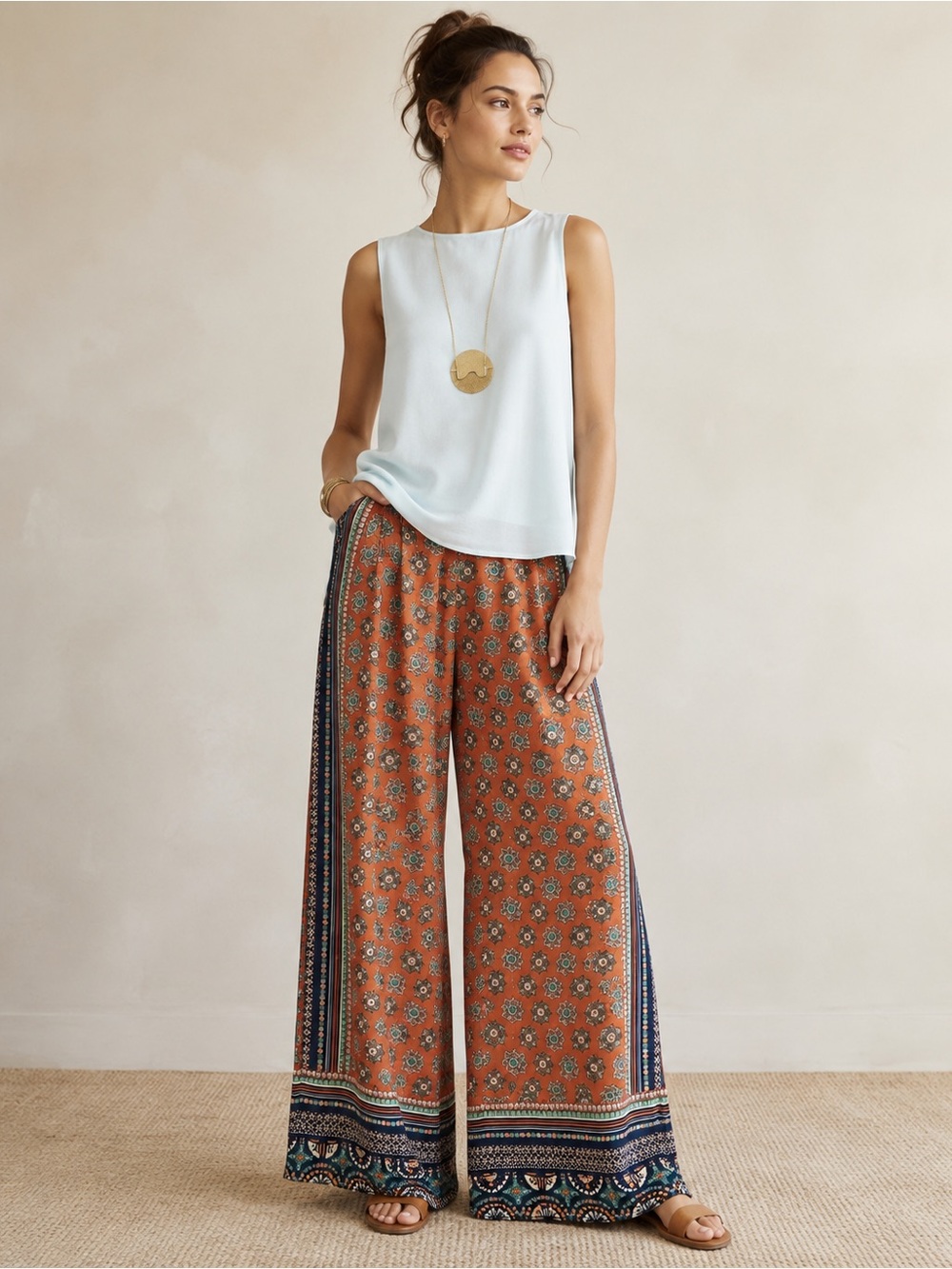 Anthropologie Elevenses Yida Wide Leg Palazzo Pants Orange Boho Size 4